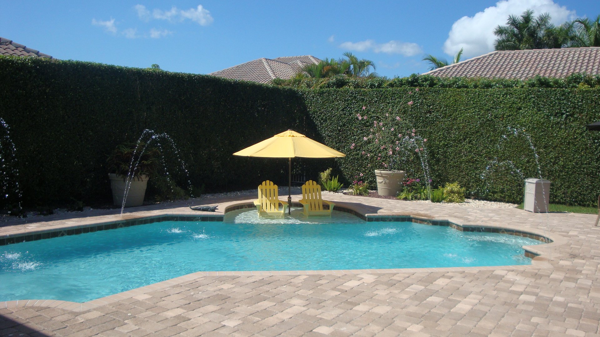 Freeform pool with White Gem interior finish, sun shelf umbrella and paver deck